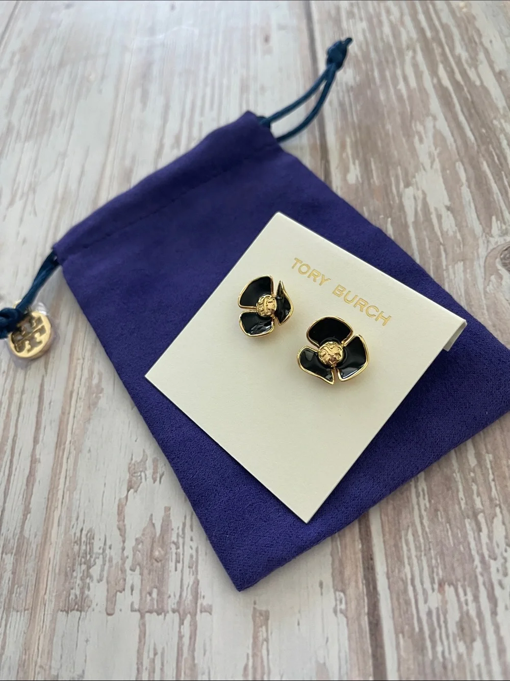 $235 New, Authentic Tory Burch Flower Black Enamel Gold TB Logo Stud Earrings